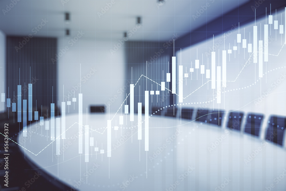Multi exposure of abstract virtual financial graph hologram on a modern conference room background, forex and investment concept Multi exposure of abstract virtual financial graph hologram on a modern conference room background, forex and investment concept