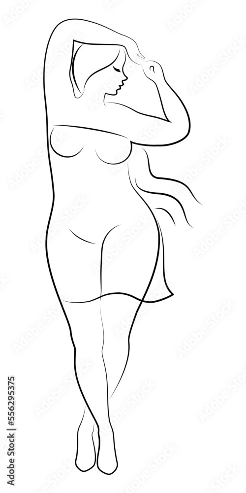 Beautiful woman figure silhouette in modern single line continuous style. The girl is overweight. The lady is standing. Vector illustrations.
