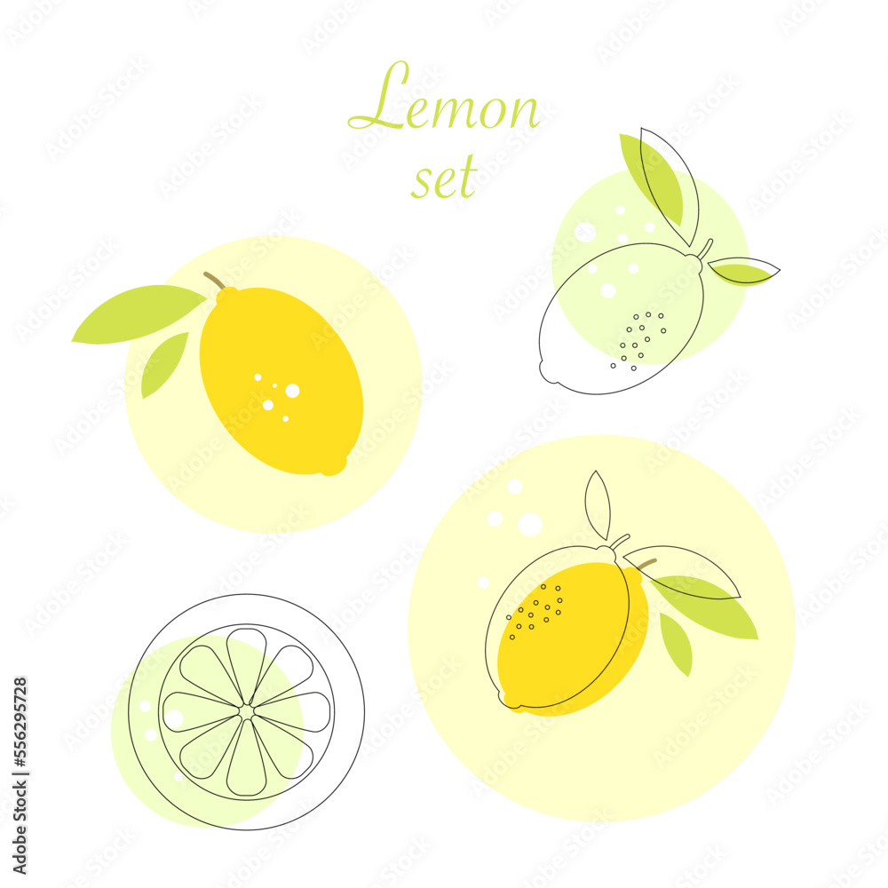 Vector set of drawings with lemons and leaves.