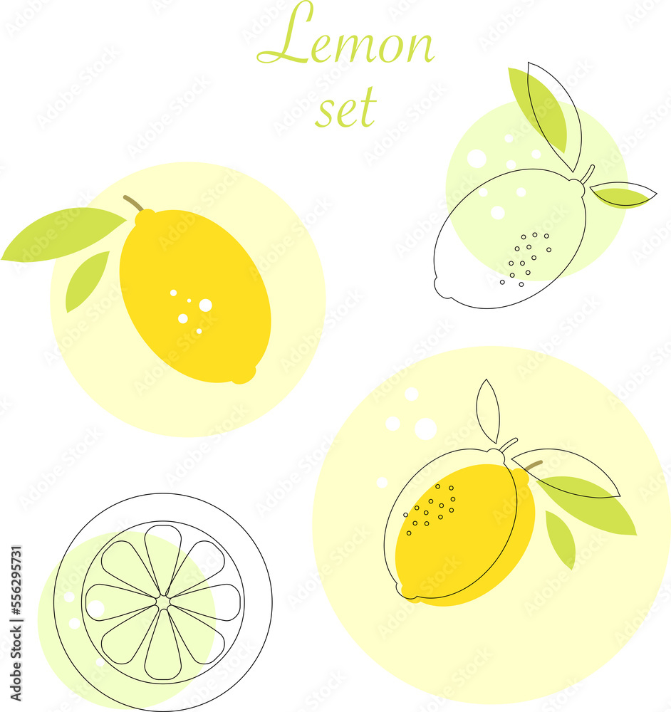 Vector set of drawings with lemons and leaves. Vector set of drawings with lemons and leaves.