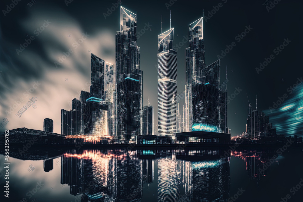 Dubai's business district is a global center for commerce and financial services. Dubai Canal waterfront lock symbol holographic concept of data security. Generative AI