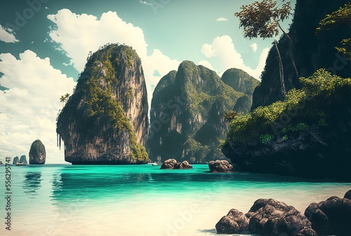 Print op canvas illustration of beautiful island paradise seascape inspired from Phi Phi, Thaila