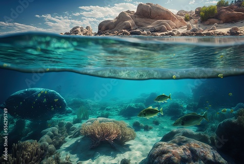 illustration of stunning seascape sea floor with fish and coral reef under water surface
