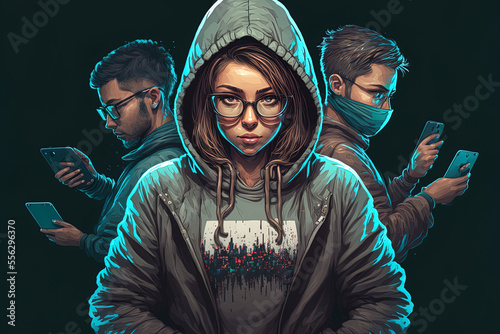 Girl hacker working with her team to steal personal information while sporting glasses and a hoodie. Generative AI