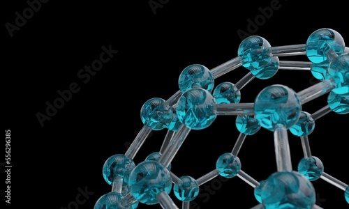 Blue crystal Carbon buckyball molecules,Background with nanoparticles,C60 molecule,Fullerene are carbon nanoparticle,Atoms are represented as spheres.3D rendering illustration.