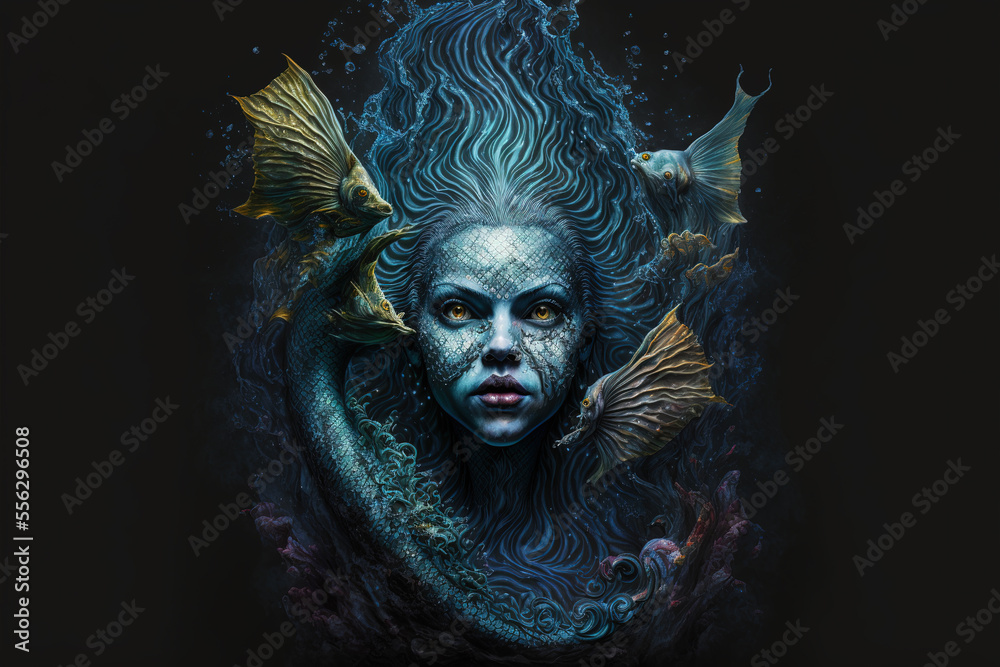 siren, mermaid, underwater, dark fantasy, horror, demons, art illustration  Stock-Illustration
