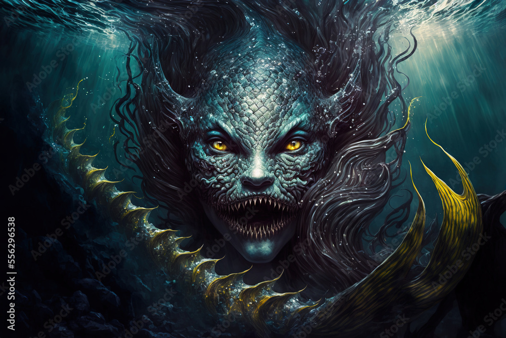 siren, mermaid, underwater, dark fantasy, horror, demons, art