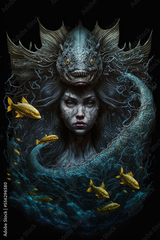 siren, mermaid, underwater, dark fantasy, horror, demons, art illustration  Illustration Stock | Adobe Stock