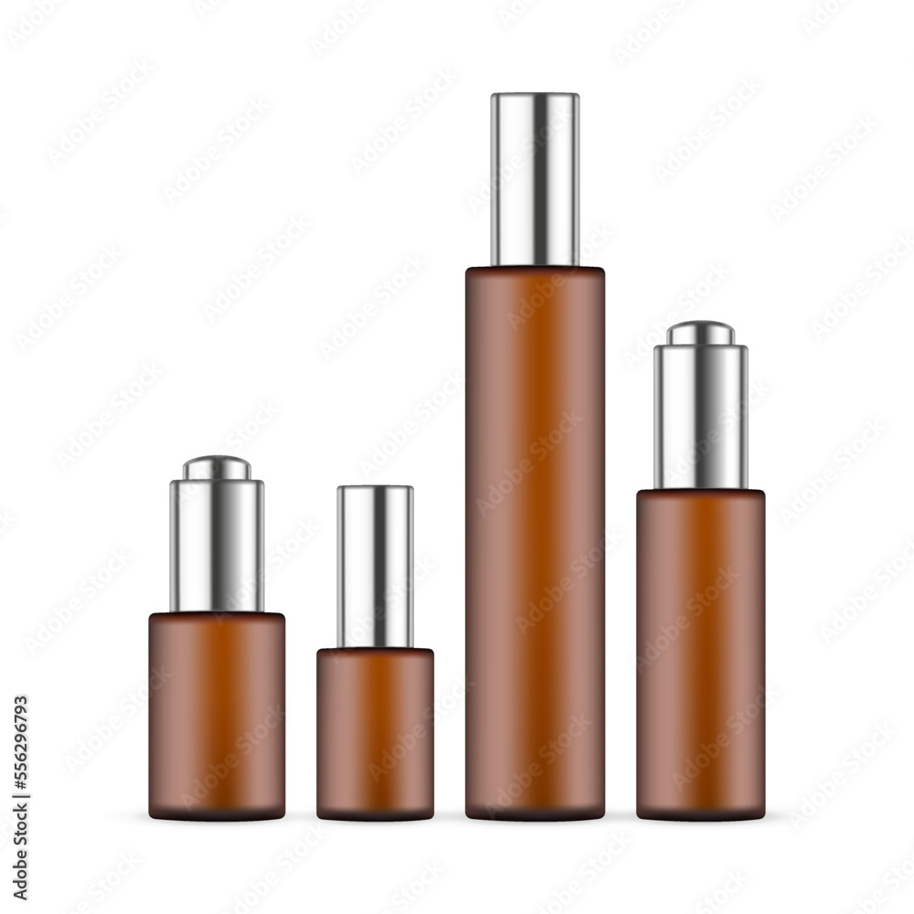 Set of Amber Cosmetic Bottles for Serum and Moisturizer Water, Isolated on White Background. Vector Illustration Set of Amber Cosmetic Bottles for Serum and Moisturizer Water, Isolated on White Background. Vector Illustration