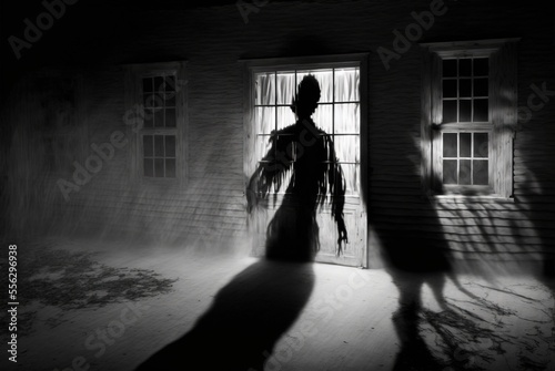 Creepy abandoned haunted house with evil demonic shadow man apparition. Paranormal sighting.