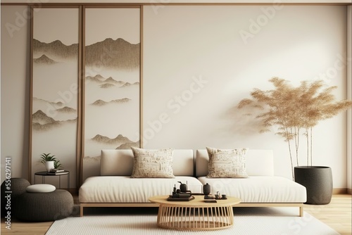 Home interior in japanese style, wall mockup in living room background. Digit...