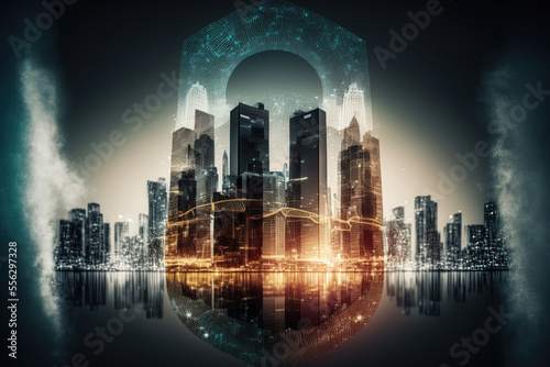 Asian businesses are protected with hologram padlock symbols, as shown in this low-angle photograph of the skyscrapers in Singapore. Information security as a concept prevents double exposure © 2rogan