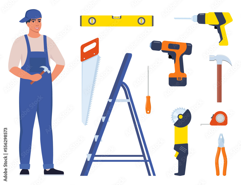 Repairman or mechanic and collection of tools. Man character in uniform with set of professional instruments. Vector illustration. Repairman or mechanic and collection of tools. Man character in uniform with set of professional instruments. Vector illustration.