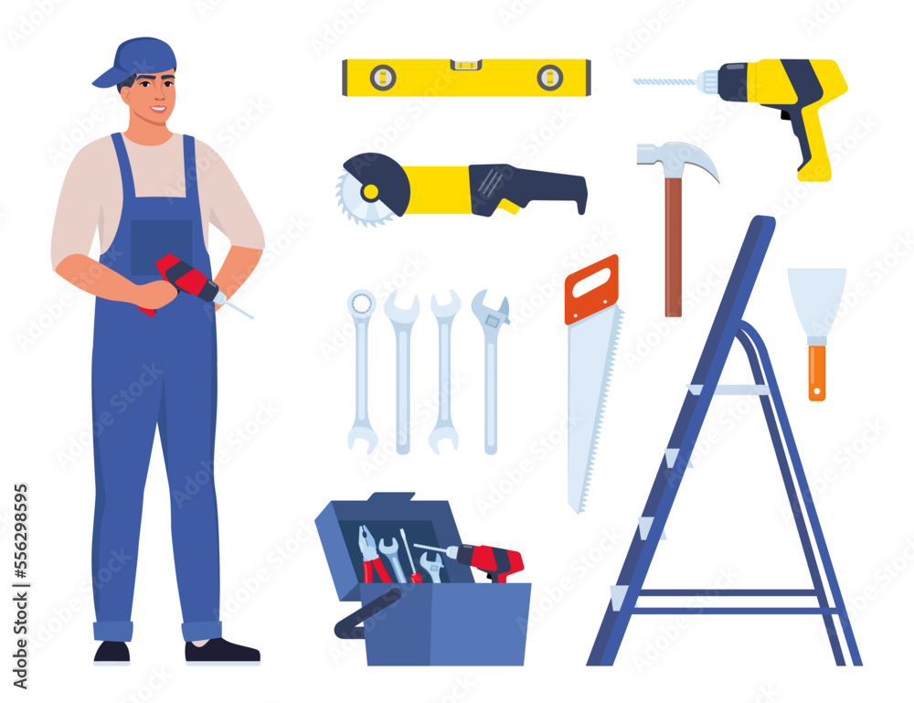 Repairman or mechanic and collection of tools. Man character in uniform with set of professional instruments. Vector illustration. Repairman or mechanic and collection of tools. Man character in uniform with set of professional instruments. Vector illustration.
