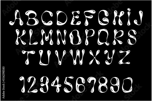 Liquid Mercury font, alphabet. Letters and numbers. flat style