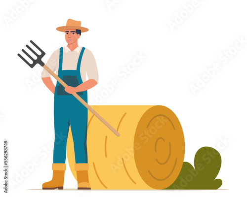 Man with pitchfork near haystack. Farmer prepares hay. Food for domestic animal. Yellow straw in haystack and agricultural equipment. Vector illustration.