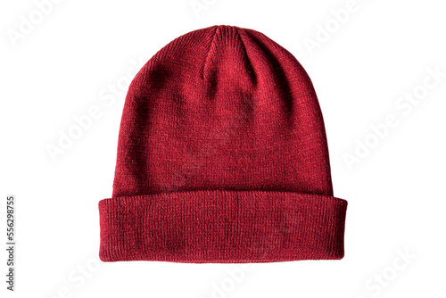 Warm knitted red wool hat on transparent background png, side view
