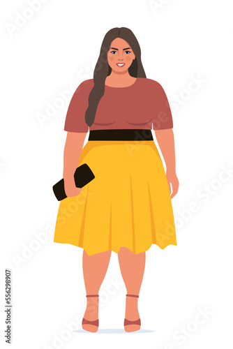Body positive woman. Plus size female character. Attractive curvy, overweight girl. Oversize obesity, pretty large lady in beautiful fashionable clothes. Vector illustration.