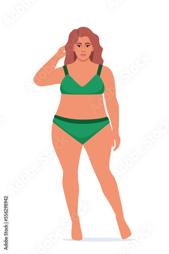 Body positive woman in underwear. Plus size female character. Attractive curvy, overweight girl. Oversize obesity, pretty large lady in beautiful fashionable clothes. Vector illustration.