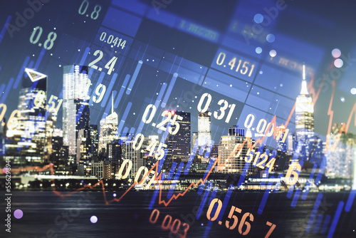 Multi exposure of abstract virtual financial graph hologram on New York skyline background, forex and investment concept © Pixels Hunter
