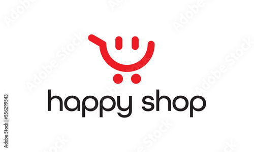 shopping cart with smile logo combination. modern minimalist for happy shopping vector design illustration.