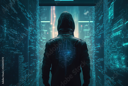 Back view of hacker in holographic business spy data theft and current technology concept in abstract interior with map. Generative AI photo