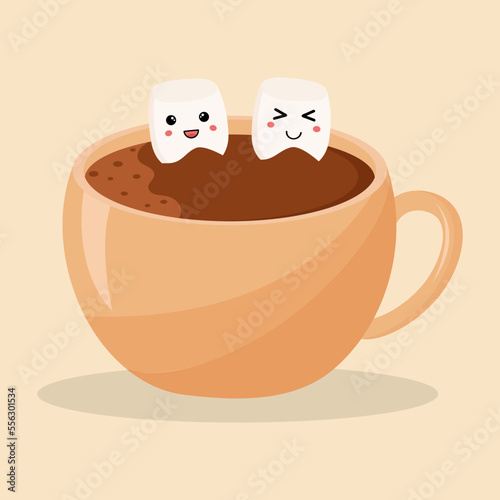 Banner, poster, social media post template with a cup of cocoa and cute marshmallow