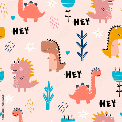 Baby pattern with dinosaurs. Vector hand-drawn colored seamless repeating baby pattern with cute dinosaurs  letters in Scandinavian style. Cute baby animals.