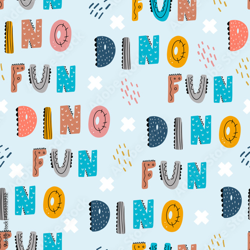 Baby pattern with phrase - dino fun. Vector hand-drawn colored seamless repeating baby pattern with cute letters in Scandinavian style. Cute baby digital paper.