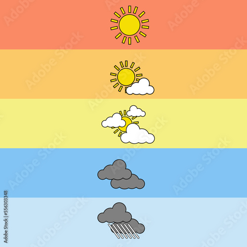 Weather icons. Thunderstorm lightning, rain and snow clouds. Hot and cold thermometer, wind and umbrella symbols for meteo forecast app. Vector illustrations set
