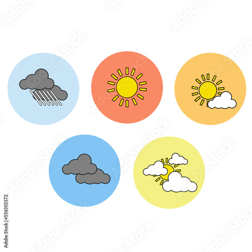 Weather icons. Thunderstorm lightning, rain and snow clouds. Hot and cold thermometer, wind and umbrella symbols for meteo forecast app. Vector illustrations set
