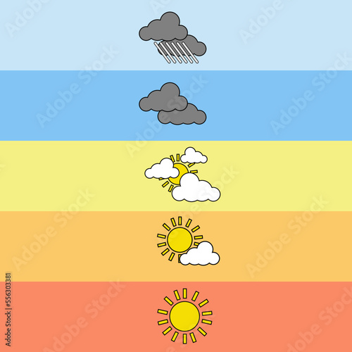 Weather icons. Thunderstorm lightning, rain and snow clouds. Hot and cold thermometer, wind and umbrella symbols for meteo forecast app. Vector illustrations set
