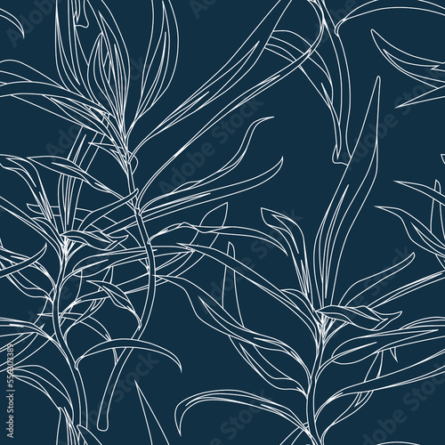 Seamless floral pattern with white linear leaves isolated on dark blue background.