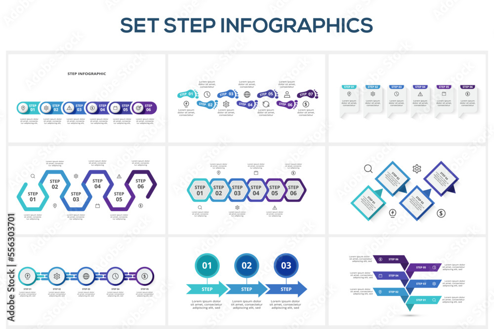 Set step with 3, 4, 5, 6, 7 elements, infographic template for web, business, presentations, vector illustration.