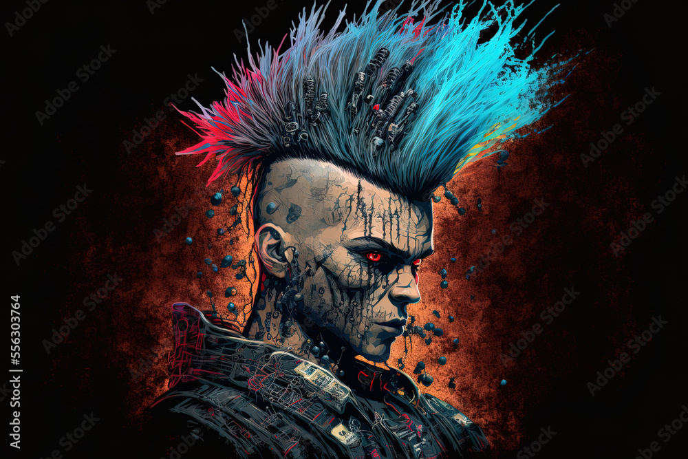 Digital illustration of a skull-faced cyborg criminal hacker in a cyberpunk style with mohawk hair. Generative AI