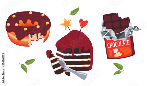 Set of festive desserts with bitten off parts. Donut with chocolate icing and sweets, cake with cream decorated with caramel, chocolate bar in foil.Vector clip art on white.Flat cartoon illustration.