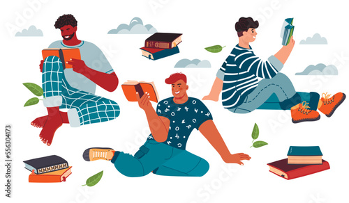 Young people reading books together.Multiracial men resting with storybook.Students with textbook.Clip-art set with stacks of books, leaves and clouds.Cartoon flat illustration isolated on white.
