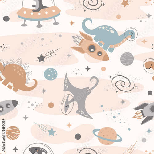 Seamless Pattern with Cute Dinosaurs Astronauts in Space, Cartoon Animals Background, Design for clothes, t-shirts, wrapping, fabric, textiles and more