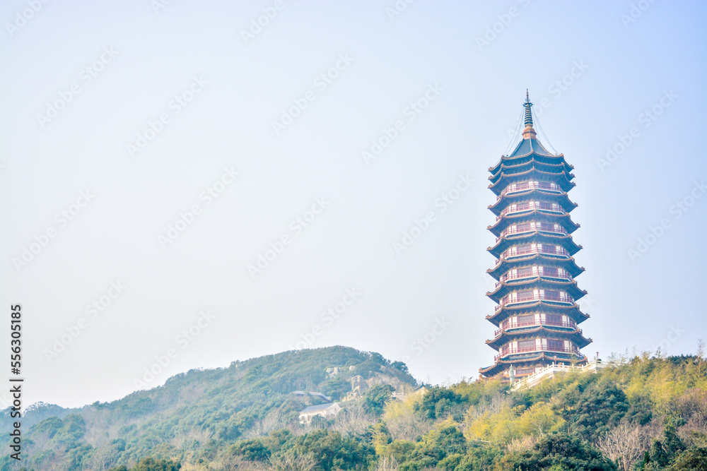 Landscape of Pumen wanfobao Buddhist pagoda,located in Putuoshan island,Zhejiang,China