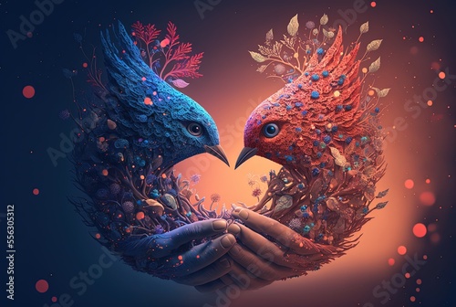 surreal art illustration of tow bird with hands, idea for Accepting difference, understanding how we are alike, how we are different and treating everyone with respect and understanding. photo