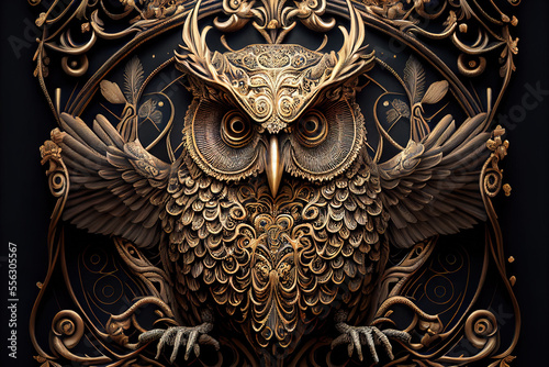 Stylized ornate owl, tree, flowers, carving. sketch art for artist creativity and inspiration. generative AI 