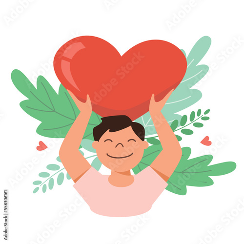 Happy man holding a big heart in his hands, self care ,Self love