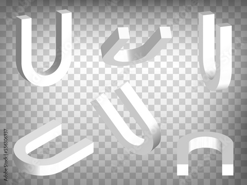 Set of perspective projections 3d white Magnet on transparent background. Magnet 3d icon illustration with different views and angles.  Abstract concept of graphic elements for your design