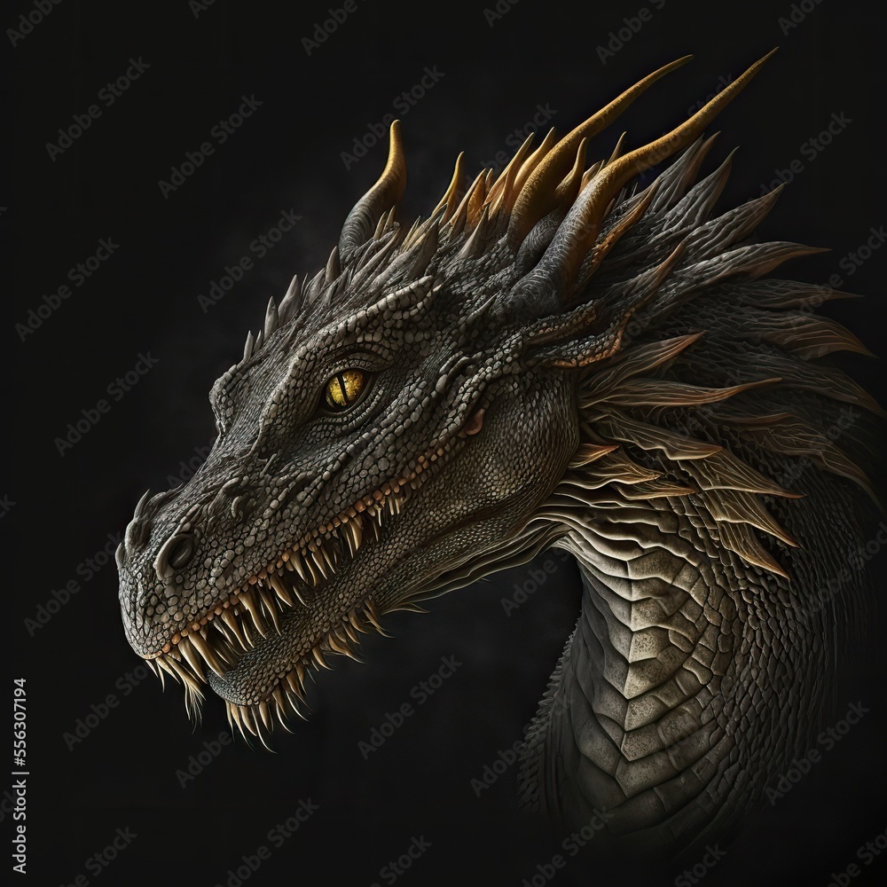 Dragon portrait against the black background. Fantasy concept. Generative ai. Dragon portrait against the black background. Fantasy concept. Generative ai.