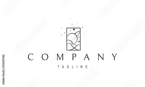 Vector logo on which an abstract image of a landscape with saturn and rocks.
