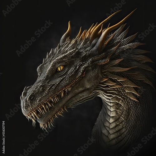 Dragon portrait against the black background. Fantasy concept. Generative ai.  © FantasyEmporium