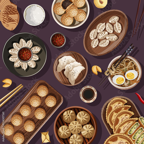 Vector illustration of various Chinese food isolated on purple. Pattern  background  card concept.