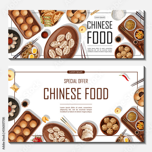 Set of templates banner design for shop, restaurant, cafe, promotion, advertising. Vector illustration of Chinese food and copy-space. Flyer, sale, poster, coupon, cover, brochure concept.