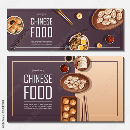 Set of templates banner design for shop, restaurant, cafe, promotion, advertising. Vector illustration of Chinese food and copy-space. Flyer, sale, poster, coupon, cover, brochure concept.