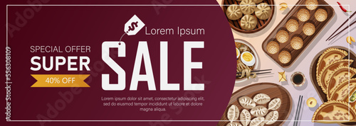 Template Sale banner design for shop, restaurant, cafe, promotion, advertising. Vector illustration of Chinese food and copy-space isolated on red. Flyer, poster, coupon, cover, brochure concept.